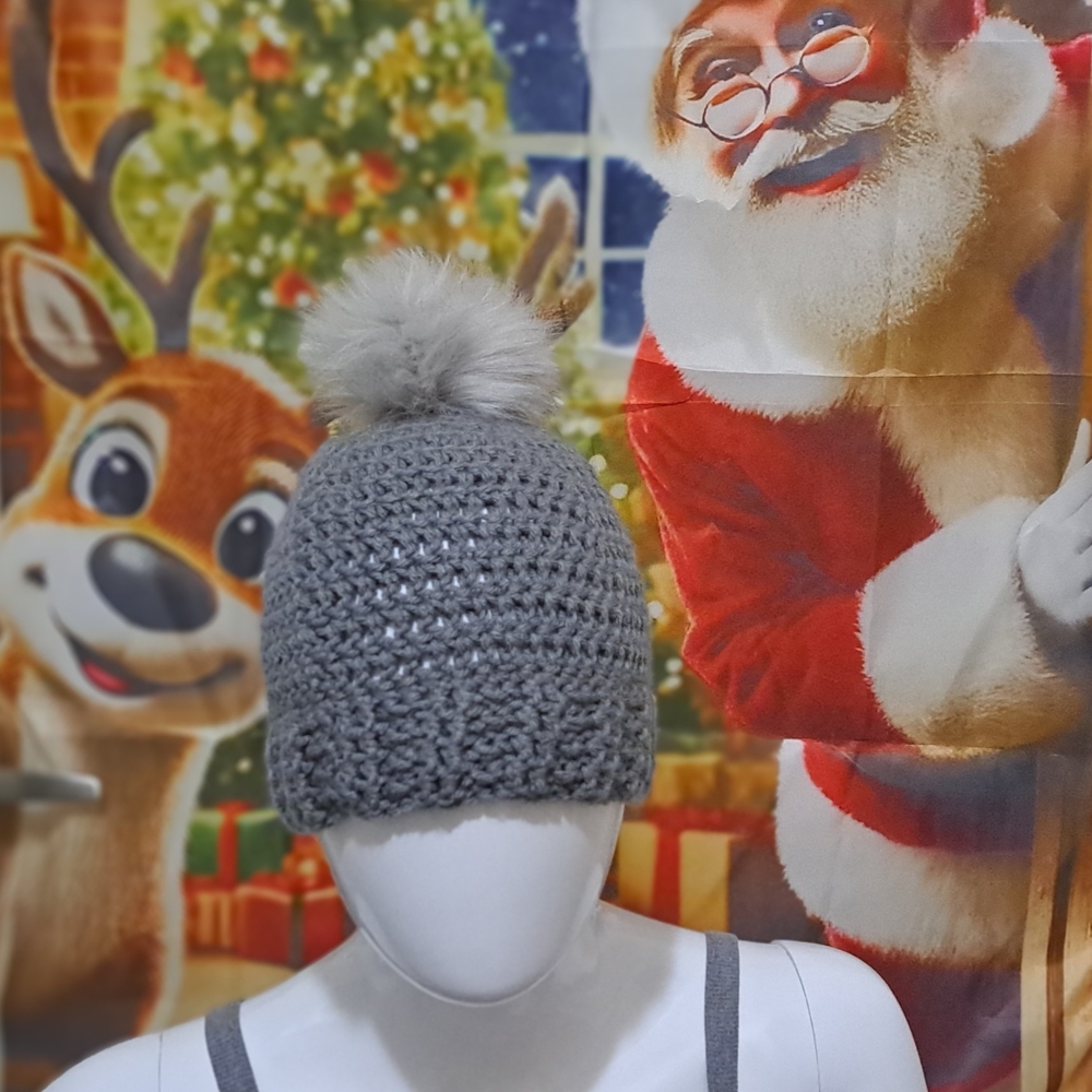 Gray Crochet Pom-Pom Beanie